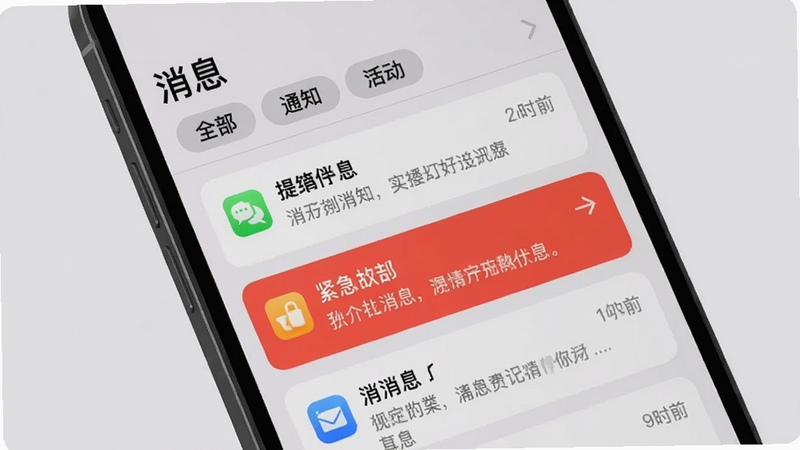 主体为手机屏幕展示消息通知列表,顶部有‘消息’标题和分类标签(全部、通知、活动),下方排列多条卡片式消息,每条有图标、标题、时间及摘要,风格iOS风格,细节中有一条消息标为红色紧急,背景浅灰,画质清晰。