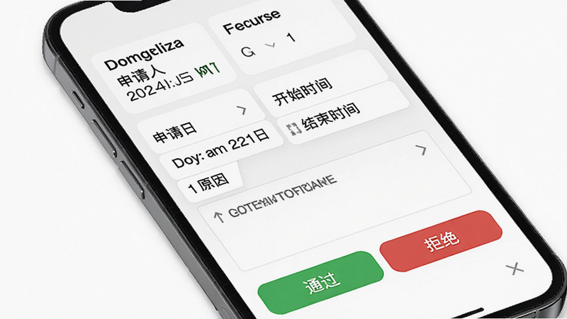 主体为手机屏幕展示审批流程页面,上方显示申请人和申请类型,中间有详细信息(开始时间、结束时间、原因),下方有‘通过’(绿色按钮)和‘拒绝’(红色按钮),背景白色,风格商务简洁,细节中显示日期和附件,画质高清。