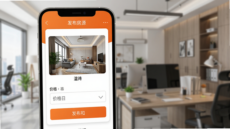 房超经纪人房源管理界面,手机屏幕显示房源编辑页面,包含图片上传区域、价格输入框和发布按钮,界面采用卡片式布局,白色背景搭配橙色主色调,高清渲染,干净无多余元素,文字清晰显示“发布房源”等字样