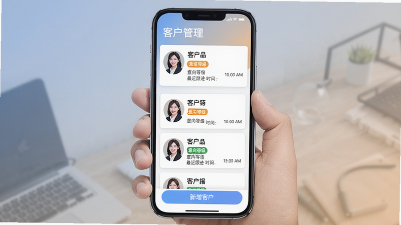 房超经纪人客户列表界面,手机屏幕上显示多个客户名片卡片,每张卡片包含头像、姓名、意向等级标签和最近跟进时间,列表底部有“新增客户”按钮,背景柔和渐变,风格现代商务,画质清晰,文字包括“客户管理”标题