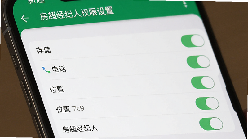 房超经纪人权限设置界面截图,手机屏幕显示应用权限列表,包括存储、电话、位置等开关,背景为系统设置界面,清晰展示权限开关状态,画质高清,文字可见“房超经纪人”