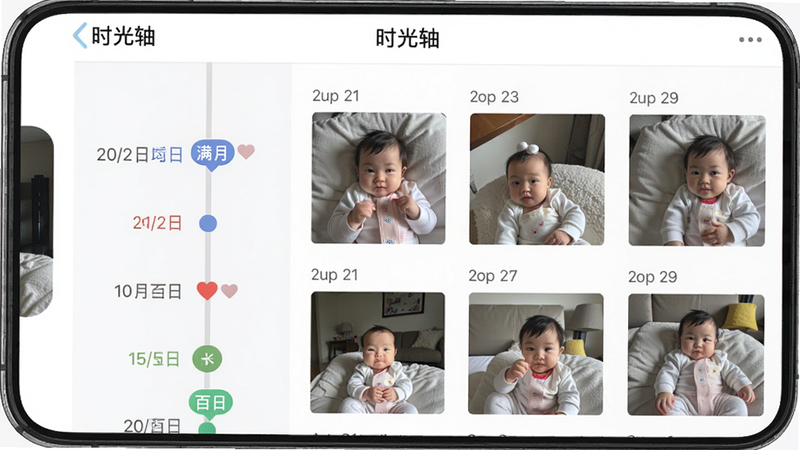 一张手机屏幕截图,展示时光宝宝相册的“时光轴”功能页面,左侧为纵向时间线,右侧对应日期下的照片缩略图,时间线用不同颜色标注特殊节点如“满月”“百日”,整体布局纵向滚动,风格扁平清新,细节有日期数字和爱心图标,画质干净无多余元素