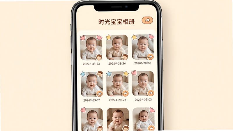 一张高清手机屏幕渲染图,屏幕中央展示时光宝宝相册主界面,背景为柔和的米黄色,上方有“时光宝宝相册”品牌LOGO,下方以网格形式排列宝宝照片,照片边缘带有圆角和卡通贴纸装饰,布局简洁清晰,风格温馨可爱,细节包括日期标记和分享按钮图标,画质纯净无多余元素