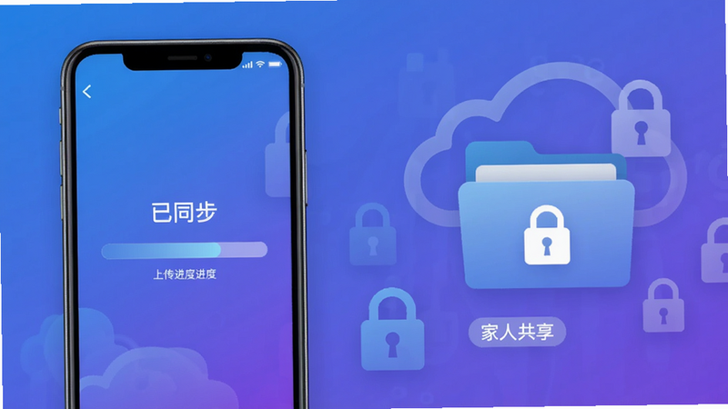 一张概念图,展示时光宝宝相册的云同步界面,左侧为手机图标显示上传进度条,右侧为云端文件夹图标,背景有锁形符号表示加密,整体采用蓝紫渐变科技风,布局左右对称,细节有“已同步”“家人共享”标签,画质干净无多余元素