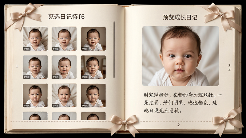 一张展示时光宝宝相册“成长日记”生成页面的图片,左侧是待选照片列表,右侧是预览的成长日记排版,包含一张宝宝大头照和手写体寄语,整体采用书本翻页效果,风格文艺清新,细节有页码和蝴蝶结装饰,画质高清无杂乱元素