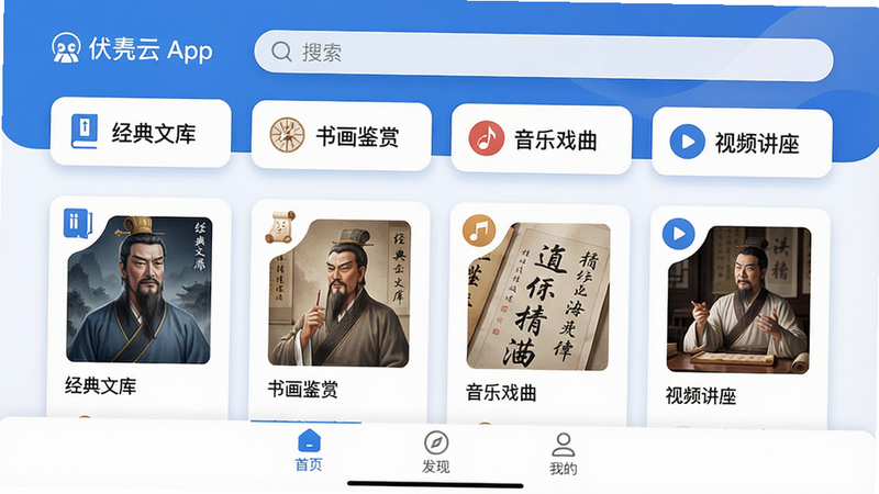主体:伏羲云App主界面,展示文化资源分类卡片。布局:顶部搜索栏,中间横向滚动的分类标签如“经典文库”“书画鉴赏”“音乐戏曲”“视频讲座”,下方卡片列表显示封面和标题。排版:信息层级分明,卡片间距均匀,文字清晰。风格:现代扁平化,主色调为蓝色和白色,搭配柔和阴影,干净舒适。细节:每个卡片左上角有小图标标识类型,底部导航栏有“首页”“发现”“我的”三个图标。画质:高清,无多余元素,屏幕比例16:9。