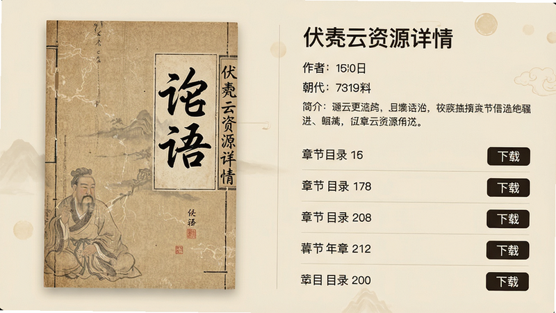 主体:伏羲云资源详情页,展示一本古籍的封面和目录。布局:左侧书籍封面大图,右侧显示书名、作者、朝代、简介,下方为章节目录列表,每个条目后有“下载”按钮。排版:左右对称,文字左对齐,按钮右对齐。风格:古典雅致,使用米色背景与深色文字,封面有仿古书纹理。细节:封面书名用书法字体“论语”,目录条目有页码标注。画质:高分辨率,无多余元素。