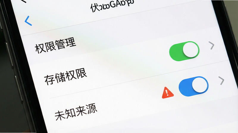主体:手机屏幕显示伏羲云App设置界面,突出“存储权限”和“未知来源”开关。布局:界面以列表形式呈现,每行一个选项,右侧有开关按钮或箭头。排版:字体标准,选项分组清晰,顶部有“权限管理”标题。风格:系统设置风格,白色背景,蓝色开关。细节:存储权限开关为绿色开启状态,未知来源开关旁有红色警示标志。画质:清晰,无多余元素。