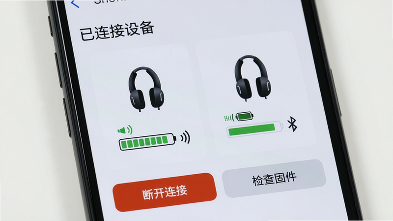手机屏幕上显示 Shokz 设备管理页面,顶部有“已连接设备”标题,中间列出耳机型号图标及电量条,下方有“断开连接”“检查固件”按钮,布局左右对称,风格现代简洁,细节包括信号图标和蓝牙标志,画质清晰无杂物