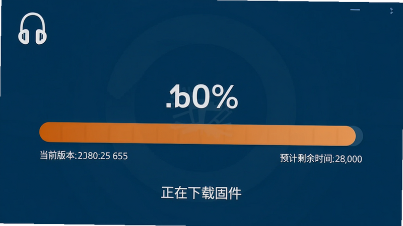 Shokz 固件升级界面,中间显示进度条百分比,下方有“正在下载固件”文字,左上角有耳机图标,背景为深蓝色,进度条为橙色渐变,布局居中对称,风格扁平清晰,细节包括当前版本号和预计剩余时间,画质干净无多余元素