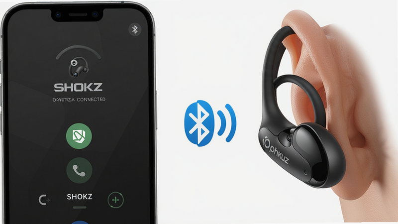 手机与 Shokz 耳机连接示意图,左侧为手机屏幕显示 Shokz 已连接界面,右侧为骨传导耳机挂在耳朵上,中间有蓝牙信号图标连接,背景纯白,布局左右对称,风格写实细节,耳机款式为 OpenRun 系列,画质高清干净无多余元素