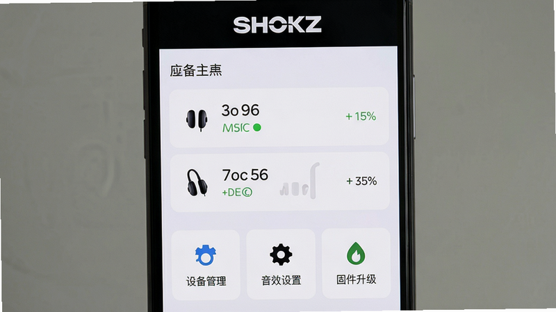 主体为 Shokz 应用主界面截图,手机屏幕居中显示,顶部有“Shokz”品牌标志,中部列出已连接的耳机设备信息(含电量百分比),底部排列“设备管理”“音效设置”“固件升级”三个功能卡片,整体布局简洁清晰,采用浅色扁平风格,细节突出耳机图标与连接状态,画质高清干净无多余元素