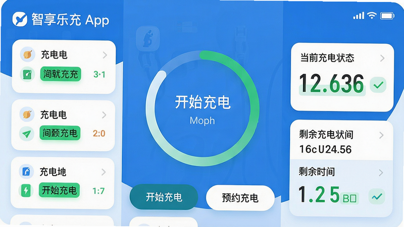 主体:智享乐充App主界面截图,显示充电桩列表、当前充电状态和剩余时间。布局:中央是圆形充电进度环,下方有“开始充电”“预约充电”按钮,右上角显示信号和电量图标。排版:卡片式设计,信息层级清晰,状态文字用绿色高亮。风格:现代扁平化,蓝白色调,圆角元素,干净无多余装饰。画质:高清,细节锐利,界面文字清晰可辨,整体明亮通透。