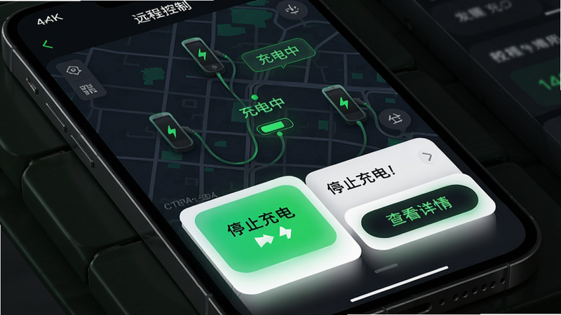 主体:手机屏幕显示充电桩远程控制界面,地图上标出充电桩位置,状态为“充电中”。布局:上方是地图,下方是控制卡片(停止充电、查看详情)。排版:图文结合,卡片悬浮在地图之上。风格:科技感UI,深色模式搭配荧光绿高亮,线条流畅。画质:4K级别,无锯齿,光影自然。