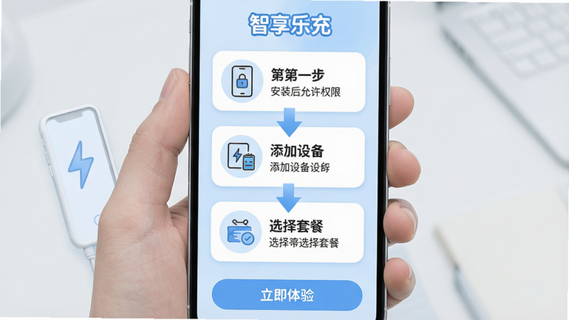 主体:手机竖屏界面,显示“智享乐充”使用指南步骤图,第一步安装后允许权限,第二步添加设备,第三步选择套餐。布局:分为三个纵向卡片,每个卡片有图标和简短文字说明。排版:从上到下流程式,底部有“立即体验”按钮。风格:信息图风格,淡蓝底,白色卡片,字体圆润。画质:高分辨率,无多余元素,重点步骤用箭头连接。