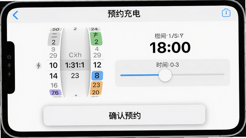 主体:日历时间选择器界面,显示设定预约充电的步骤。布局:顶部“预约充电”标题,中间是日期选择轮盘和时间滑动条,底部“确认预约”按钮。排版:简洁大按钮,时间数字加粗,颜色区分可选时段。风格:iOS风格,白底灰字,交互提示清晰。画质:细腻,按钮有微光晕。