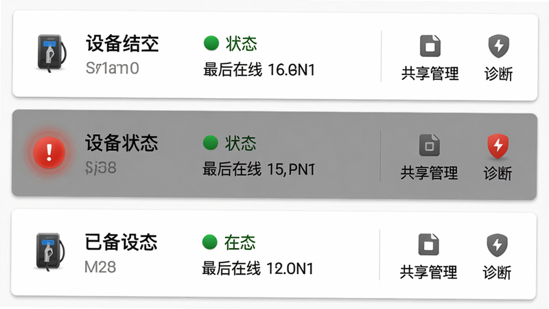 主体:设备列表界面,显示三个已绑定的充电桩,其中一个是离线状态红色警告。布局:列表每一项包含设备名称、在线状态、最后在线时间,右侧有“共享管理”和“诊断”图标。排版:列表式,离线项背景变灰,警告图标闪动。风格:Material Design,卡片分隔,信息一目了然。画质:清晰,图标有质感。