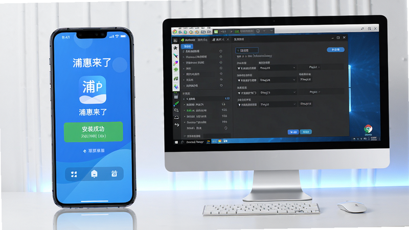 主体:手机与电脑并排显示,手机屏幕上展示浦惠来了App运行状态,电脑屏幕上显示安卓模拟器界面。布局:左右对称,风格:科技感,细节:手机屏幕有“安装成功”提示,电脑屏幕显示模拟器设置界面,画质:高清,干净,无多余元素
