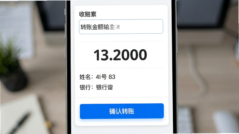 主体:转账界面展示,布局:顶部是转账金额输入框,中部是收款人信息(姓名、账号、银行),底部是确认按钮。风格:清爽卡片式,细节:金额数字放大显示,“确认转账”按钮为浦发蓝高亮,画质:精致,干净,无多余元素