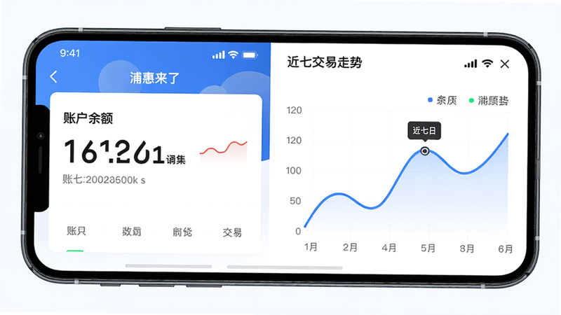 主体:用户正在浦惠来了App上查看账户总览,布局:手机界面占画面主体,左侧显示账户余额,右侧显示近七日交易走势曲线。排版:左右分屏,风格:现代商务风,细节:数字清晰可见,背景有微弱的网格线,画质:细腻,干净,无多余元素