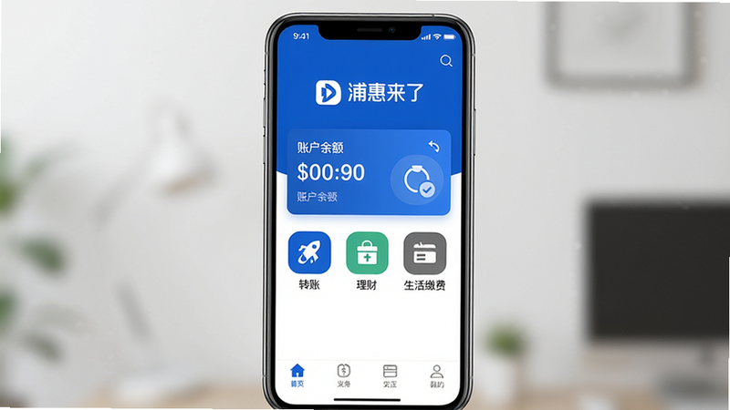主体:手机屏幕展示浦惠来了App首页界面,布局:居中显示,上方是“浦惠来了”品牌logo,中部是账户余额卡片和快捷功能图标(转账、理财、生活缴费),底部是标签栏。排版:清晰简洁,风格:扁平化设计,色彩以浦发蓝为主,细节:界面干净无杂乱元素,画质:高清渲染,干净明亮,无多余元素