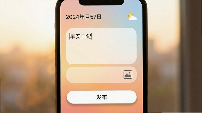 手机屏幕显示晨遇的早安日记编辑界面,顶部有日期和天气图标,中间是文字输入框和图片添加按钮,底部有