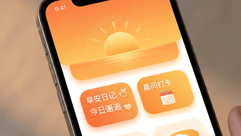 主体为手机屏幕内展示晨遇APP主界面,界面中央有太阳初升的渐变背景,下方几个圆润的卡片分别显示