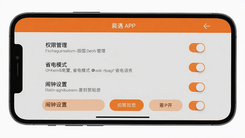 手机横屏展示晨遇APP的设置页面,包含权限管理、省电模式、闹钟设置等选项,背景为浅灰色,按钮为橙色,布局清晰,风格现代,细节包括开关滑块和文字说明,画质干净无多余元素