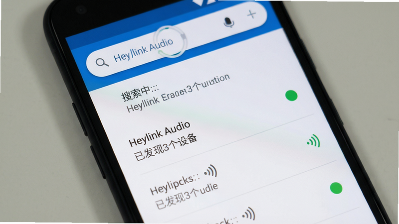 手机屏幕展示Heylink Audio搜索设备列表,上方有搜索动画,列表中列出多个耳机型号名称,每个名称旁有信号图标,背景为白色,布局清晰,风格为Material Design,细节包括连接状态指示灯,画质干净,图片中文字为“搜索中… 已发现3个设备”。