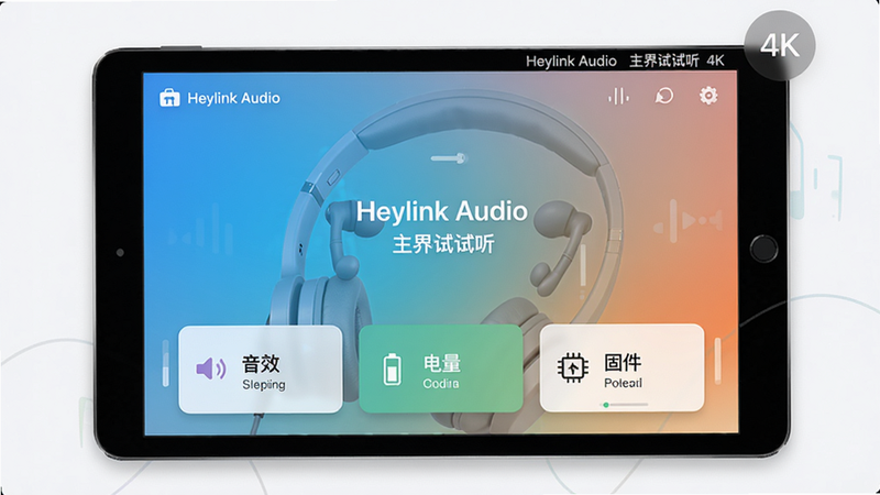 主画面展示Heylink Audio主界面,中心位置显示已连接耳机名称,底部有“音效”、“电量”、“固件”三大功能卡片,背景为渐变色,整体简洁明亮,风格为现代扁平UI,画质高清,干净无多余元素,图片中文字为“Heylink Audio 主界面试听”,画质4K。