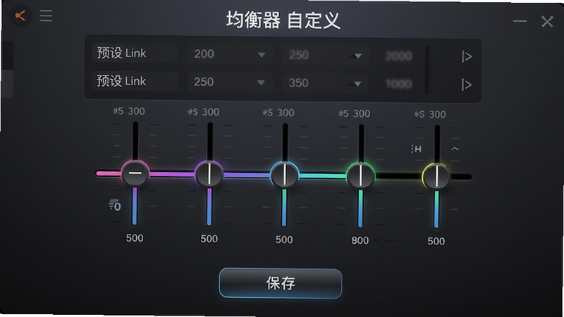 Heylink Audio音效调节界面,中央是均衡器滑块,上方是预设列表,下方是保存按钮,背景为深灰渐变,滑块有彩色光晕,风格为科技感,细节显示频率数值,画质细腻,图片中文字为“均衡器 自定义”。