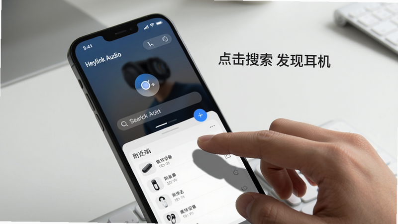 手机手把手操作图,手部点击Heylink Audio主界面搜索按钮,屏幕上显示搜索动画和附近设备列表,背景是干净桌面,风格为实拍+UI叠加,细节有手指阴影,画质高清,图片中文字为“点击搜索 发现耳机”。