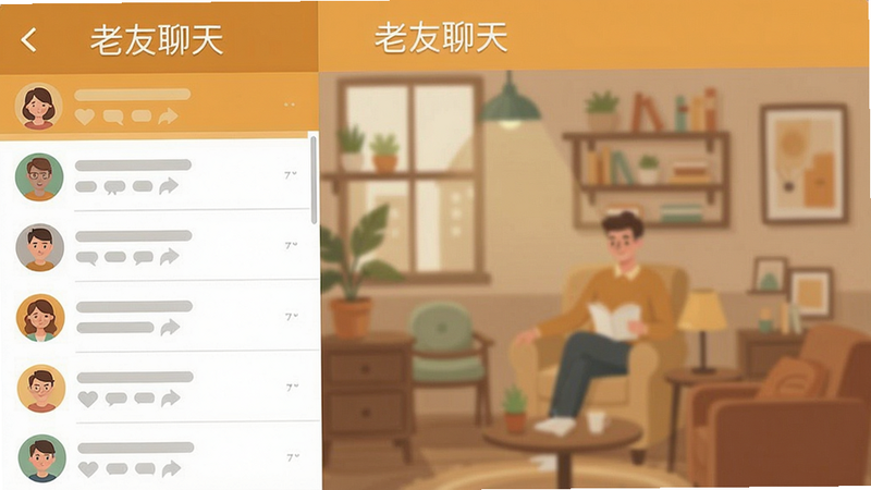 老友聊天 软件主界面 显示聊天列表和好友头像 布局左中右 风格扁平化 色彩温暖 画质清晰 干净无多余元素 文字标注“老友聊天”