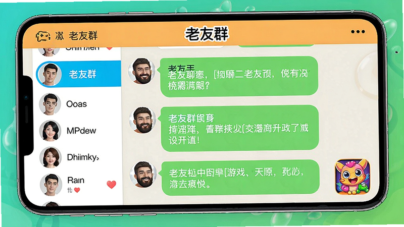 老友聊天 群组聊天界面 显示群成员列表 群聊消息 有游戏入口 颜色活泼 布局合理 文字“老友群” 画质清晰