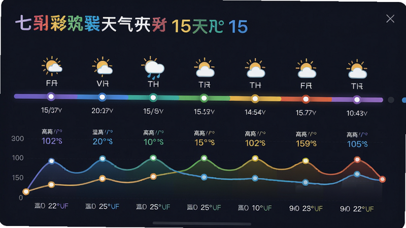 主体为七彩天气预报的15天预报页面,布局采用横向滑动时间轴,下方为每日温湿度折线图,风格数据可视化且色彩明快,细节标注每日最高/最低温度,画质高清干净。