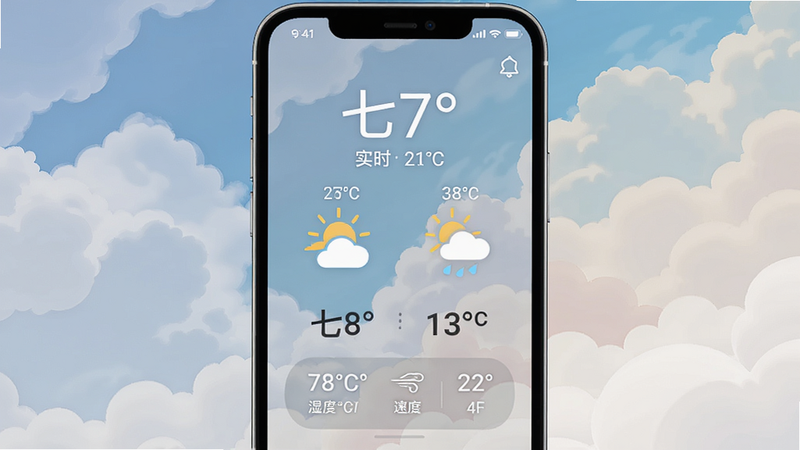 主体为七彩天气预报手机主界面,布局居中显示实时温度、天气图标与空气质量指数,背景采用动态多云动画,风格扁平化且色彩柔和,细节包括日期、湿度、风速等小字标注,画质高清干净,无多余元素。