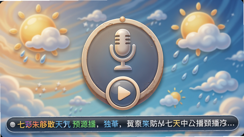 主体为七彩天气预报语音播报界面,布局中央有一个麦克风图标和播放按钮,背景为动态天气动画,风格拟物化且温馨,细节包括播报文字滚动条,画质高清干净。