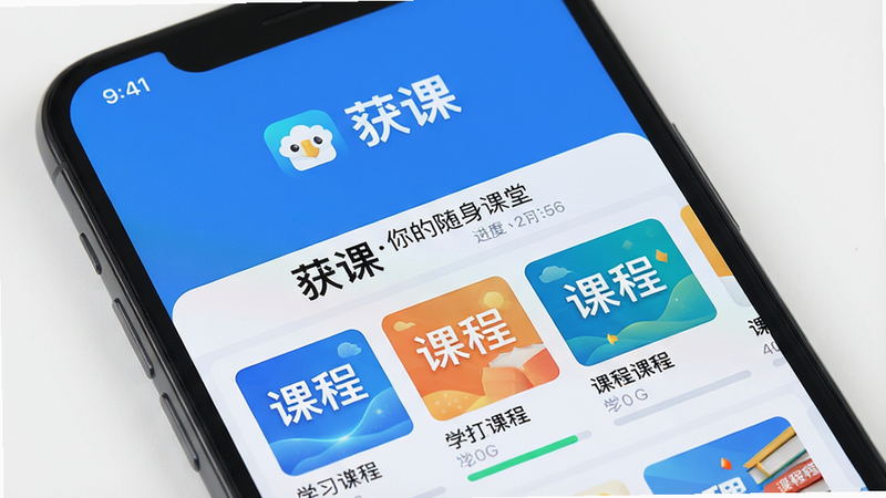 主体为手机屏幕展示获课App界面,屏幕中央显示“获课”Logo和课程列表,布局简洁,风格现代扁平化,细节包括课程封面缩略图、学习进度条,画质高清干净,无多余元素,文字标注“获课你的随身课堂”