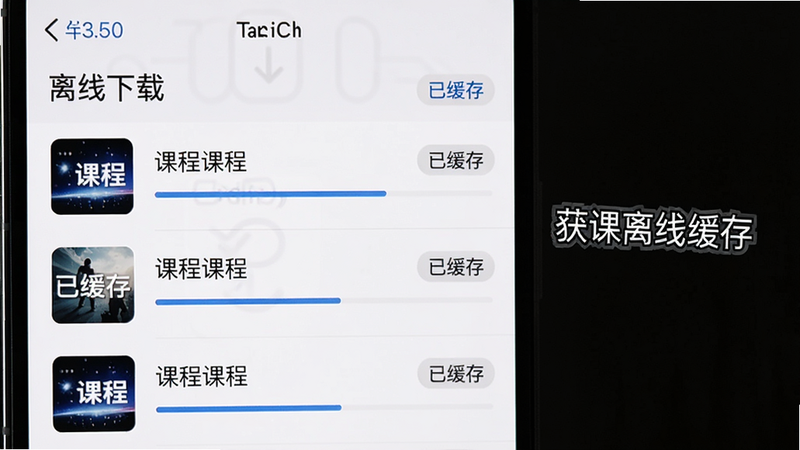 手机设置页面显示“离线下载”功能,已下载课程列表,每个条目有课程名和进度条,布局列表式,风格简洁,细节有“已缓存”标签,画质清晰,文字标注“获课离线缓存”