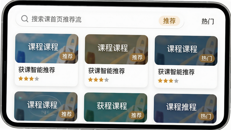 手机界面展示获课首页推荐流,顶部搜索栏,下方卡片式课程推荐,每个卡片包含课程封面、标题和评分,布局整齐,风格清新,细节有“推荐”、“热门”标签,画质干净无多余元素,文字标注“获课智能推荐”