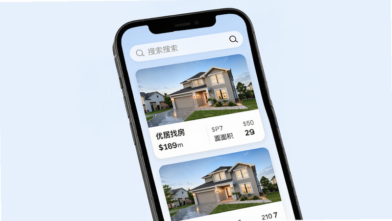 优居找房App界面预览图,手机屏幕显示房源列表,顶部搜索框,卡片式布局,清晰显示房屋图片、价格、面积,背景淡蓝色,现代简约风格,高清画质,干净无多余元素