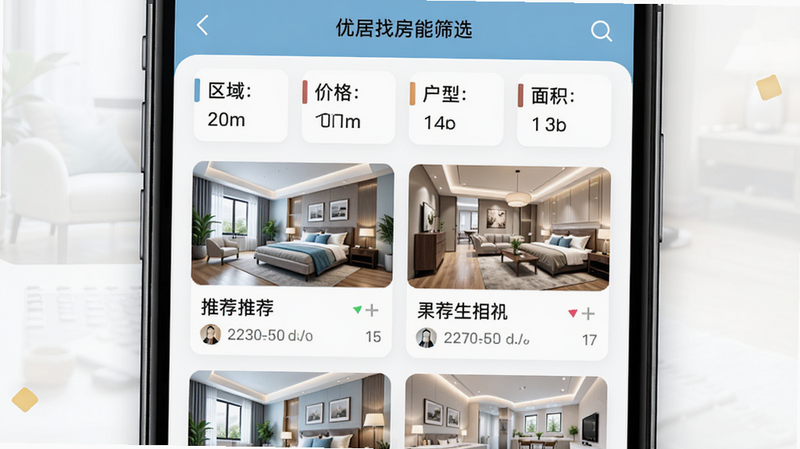 优居找房智能筛选界面,手机屏幕显示筛选条件栏,包括区域、价格、户型、面积选项,下方展示推荐房源列表,卡片式布局,色彩搭配舒适,高清画质