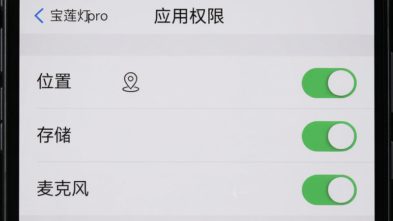 宝莲灯pro使用指南截图,显示手机设置页面中“应用权限”列表,包含“位置”“存储”“麦克风”三个开关,其中“位置”已开启,界面干净,文字清晰,画质高清