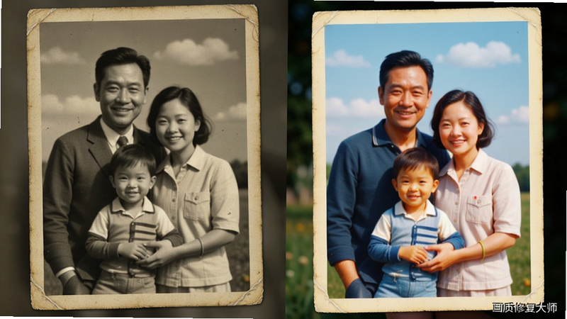 主体:一张泛黄的老照片应用画质修复大师色彩修复后的效果,布局:左右对比,左侧泛黄,右侧色彩鲜艳,风格:怀旧与明亮对比,细节:右侧图片右下角有“画质修复大师”小字,画质:超清,无多余元素