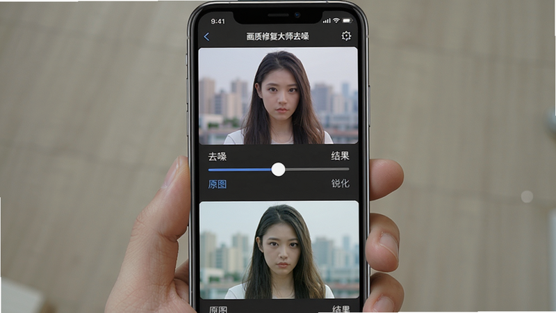 主体:手机屏幕显示画质修复大师去噪功能界面,布局:上方为原图,下方为处理结果,中间有滑块调节,风格:UI扁平化,细节:界面中有“去噪”“锐化”滑动条,文字标注“原图”“结果”,画质:高清无广告