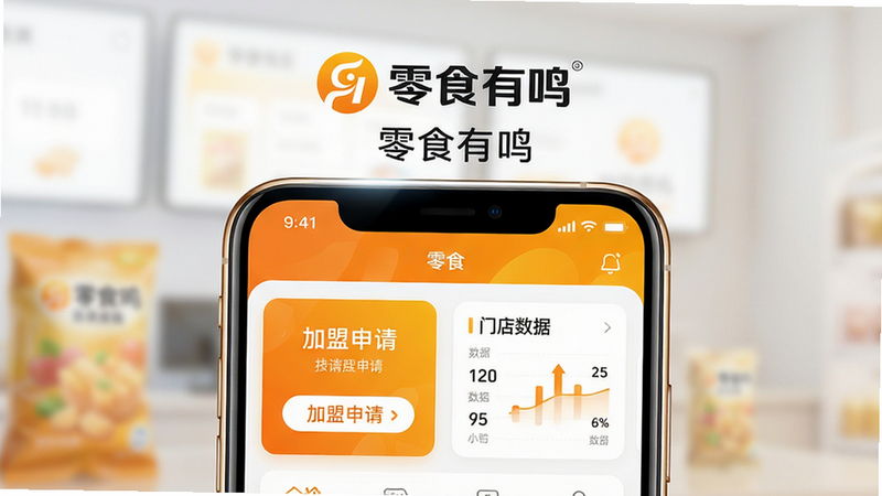 主体:零食有鸣品牌logo与手机界面展示;布局:居中构图,手机屏幕内显示APP首页,突出“加盟申请”与“门店数据”功能卡片;排版:上下结构,上方品牌标识,下方手机模型;风格:清新商业风,色彩明亮,主色调橙黄;细节:手机边缘高光,界面文字清晰可读,背景虚化处理;画质:高清4K,干净无多余元素