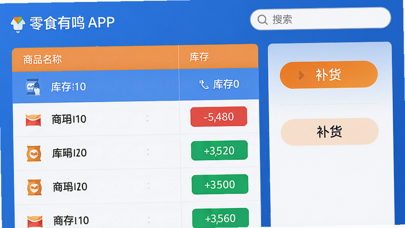 主体:零食有鸣APP的库存管理界面;布局:左侧列表显示商品名称与库存数,右侧有“补货”按钮;排版:表格结合图标的清爽布局;风格:数据仪表盘风格,蓝橙配色;细节:库存数值用不同颜色标注(红低绿高),顶部有搜索框;画质:清晰锐利,背景纯白