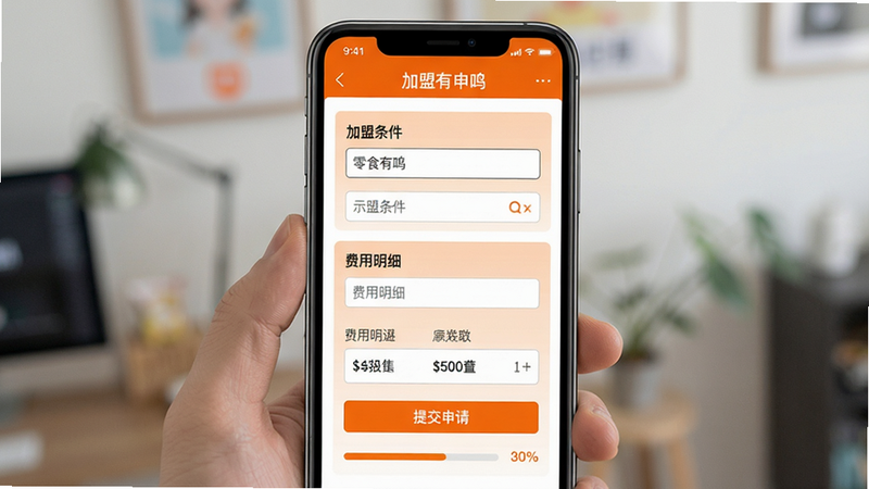 主体:手机屏幕显示零食有鸣APP的加盟申请页面;布局:居中,页面包含“加盟条件”、“费用明细”、“提交申请”三个模块;排版:表单式布局,输入框清晰;风格:扁平化UI,橙色主色调;细节:输入框内有示例文字,底部有进度条显示30%;画质:高清,无多余元素