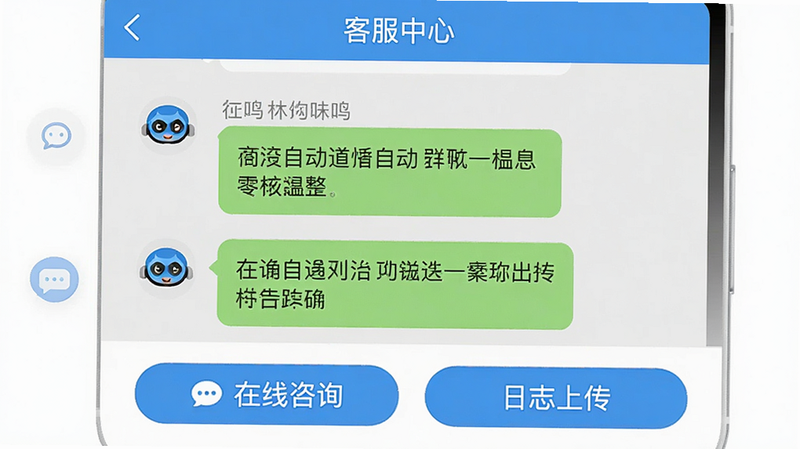 主体:一张手机截图展示零食有鸣APP的“客服中心”页面;布局:页面底部有“在线咨询”和“日志上传”两个按钮;排版:简洁对话式界面;风格:清新客服风格,蓝色图标;细节:聊天记录中有机器人自动回复;画质:高清无噪点