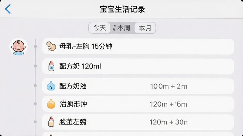 主体:宝宝生活记录的喂养记录界面截图,显示一条完整的时间轴,包含“母乳-左胸 15分钟”、“配方奶 120ml”等条目。布局:上方为筛选按钮(今天/本周/本月),下方为列表式卡片,每张卡片有图标和数字。风格:iOS风格卡片设计,圆角矩形,白色背景搭配浅灰色分割线。细节:界面顶部有“宝宝生活记录”导航栏,时间轴左侧有婴儿头像。画质:超清,界面元素无锯齿,干净整洁。